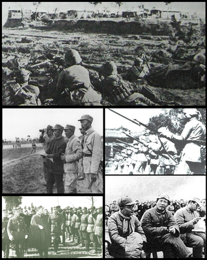 上から時計回りに：四平戦役における共産党軍、国民革命軍のムスリム戦士たち、1930年代の毛沢東、兵士を視察する蒋介石、孟良崮戦役の直前に前線を調査する粟裕