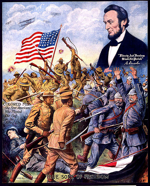 Wartime poster of the 369th fighting German soldiers, with the figure of Abraham Lincoln above