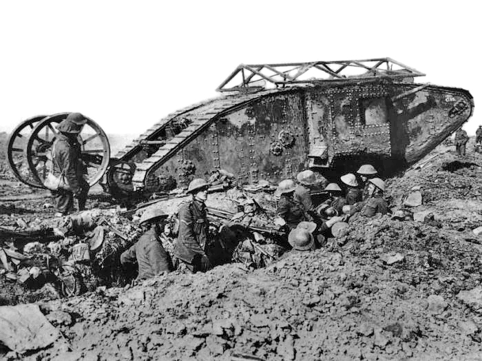 An early model British Mark I "male" tank, named C-15, near Thiepval, 25 September 1916. The tank is probably in reserve for the Battle of Thiepval Ridge which began on 26 September. The tank is fitted with the wire "grenade shield" and steering tail, both features discarded in the next models.
