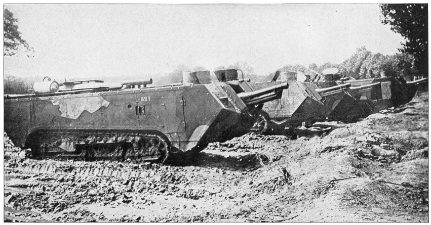 French St. Chamond tanks. The caption reads, "French tanks of the newer type."