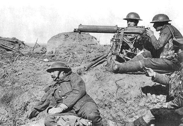 British Vickers machine gun crew during the Battle of Menin Road Ridge, World War I (Ypres Salient, West Flanders, Belgium)