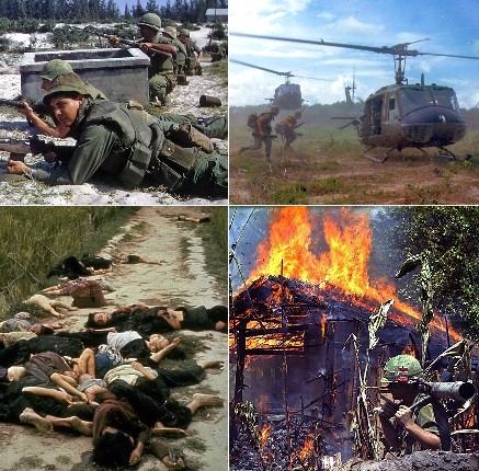 （左上より時計回りで） テト攻勢で防御にあたる海兵隊員と南ベトナム軍（1968年） 第14歩兵連隊第2大隊の兵士を運ぶUH-1D（1966年） ベトコンが潜伏したと見做され焼却される村落 ベトナム人の犠牲者