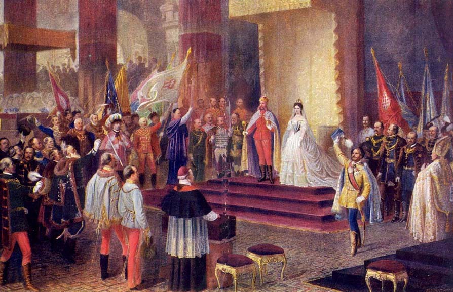 ハンガリーの使徒王と王妃としてフランツ・ヨーゼフとエリザベートの戴冠式 出典：Wikipedia