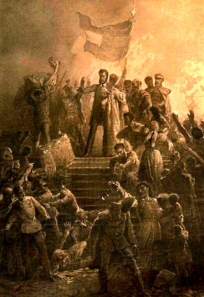 1848年3月15日、群衆の前でネムゼイ・ダル（英語版）を朗読するペテーフィ・シャーンドル（ジッチー・ミハーイ（英語版）画） 出典：Wikipedia